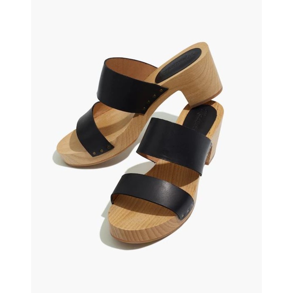 Madewell The Cara Clog Sandals Black Leather Wood Block Heel Size 9.5